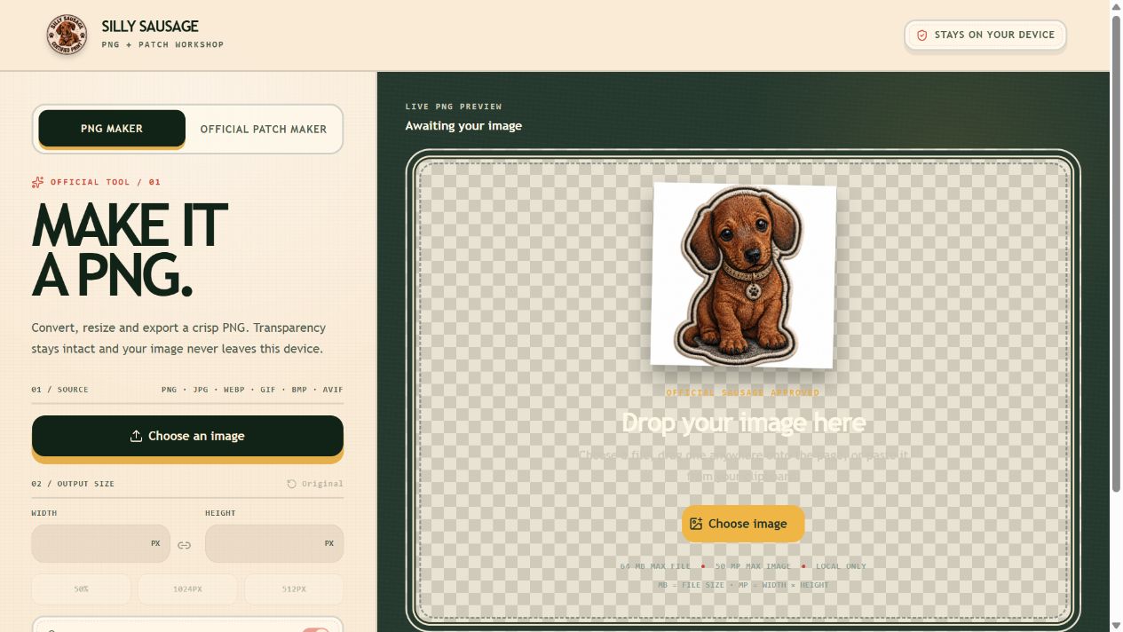The live Silly Sausage PNG and patch maker, showing upload controls and a PNG preview